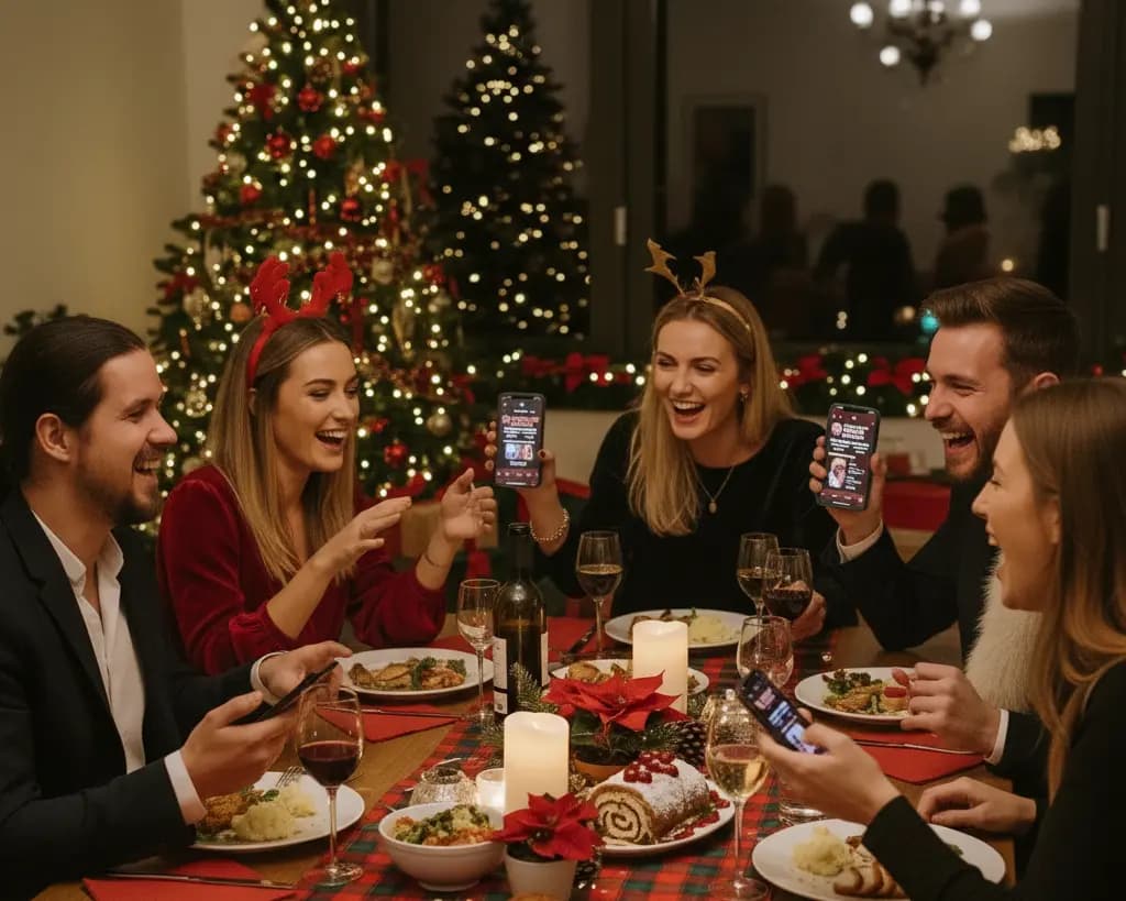 Krimidinner zu Weihnachten - Freunde spielen Murder Mystery Dinner bei festlichem Weihnachtsessen mit Smartphones, Weihnachtsbaum und festlicher Dekoration