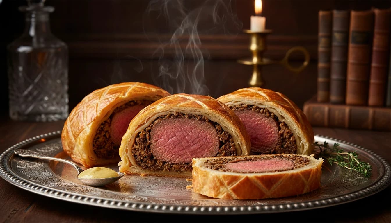 Sliced Beef Wellington with golden puff pastry crust