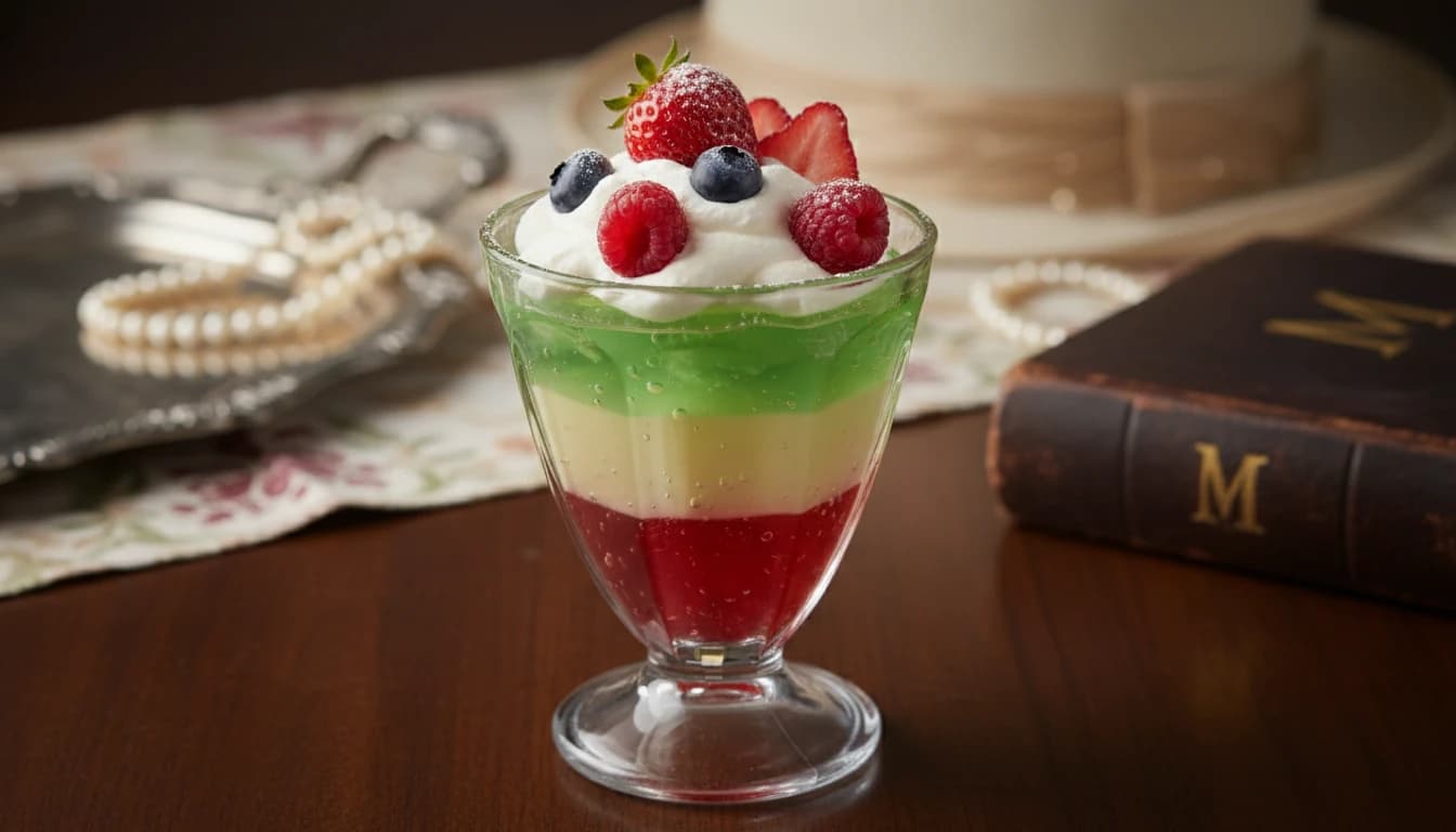 Colorful Jell-O Layer Salad in retro glass bowl with whipped cream