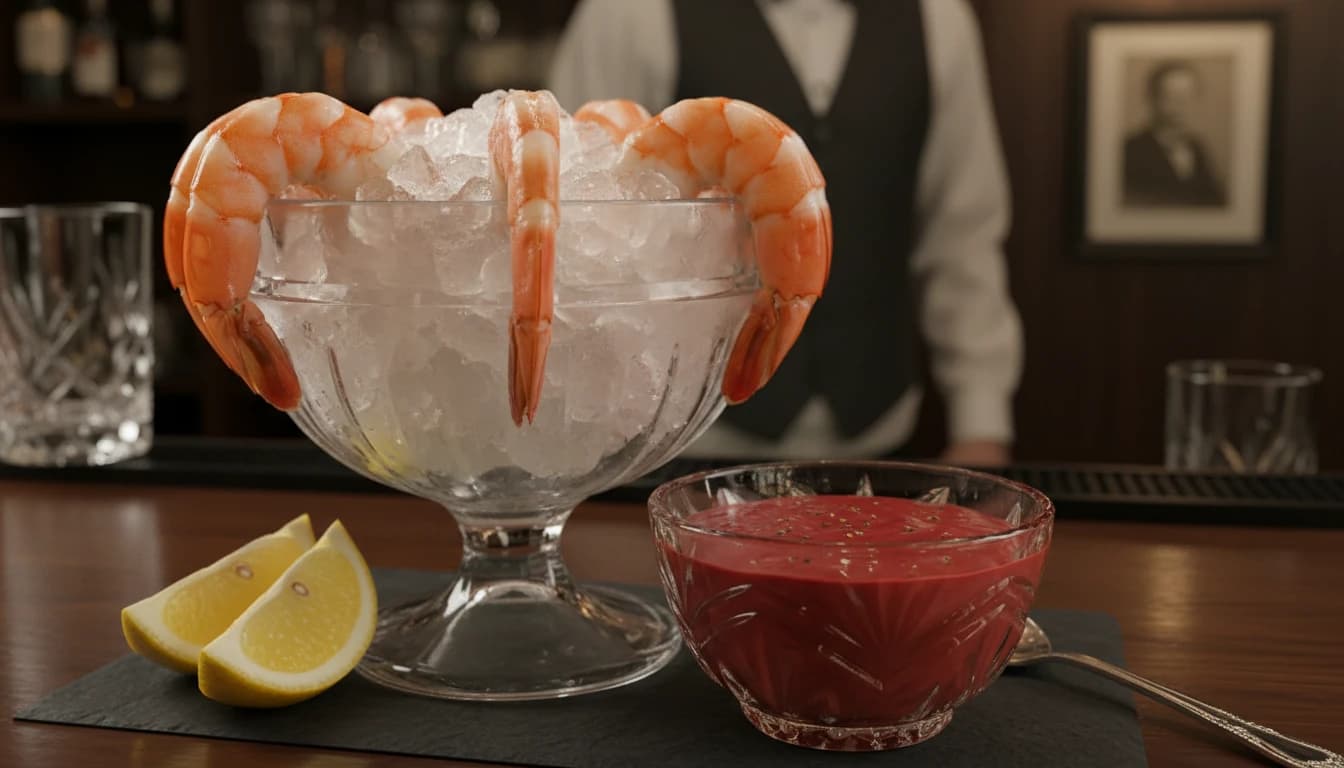 Classic Shrimp Cocktail with cocktail sauce in retro glass