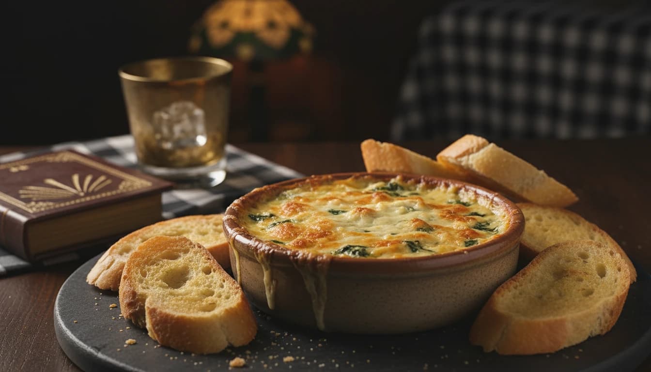 Warm Spinach Dip with crusty baguette in Art Deco style
