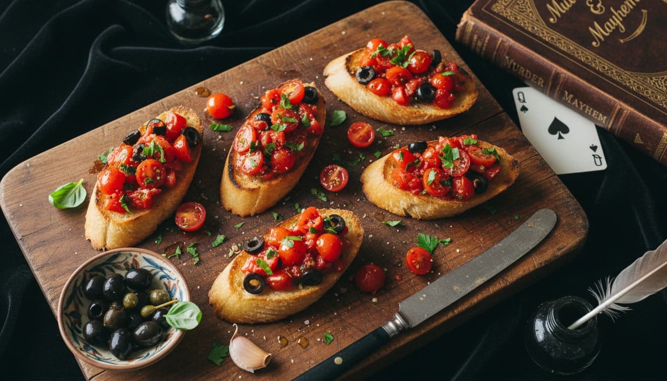 Bruschetta Puttanesca mit Tomaten, Oliven und frischen Kräutern