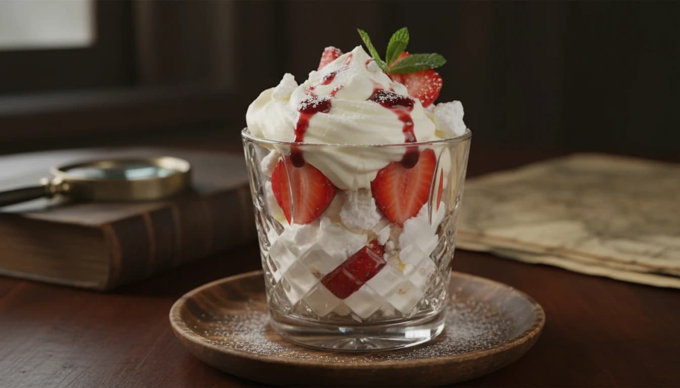 Klassisches Eton Mess mit Erdbeeren, Sahne und zerbrösteltem Baiser