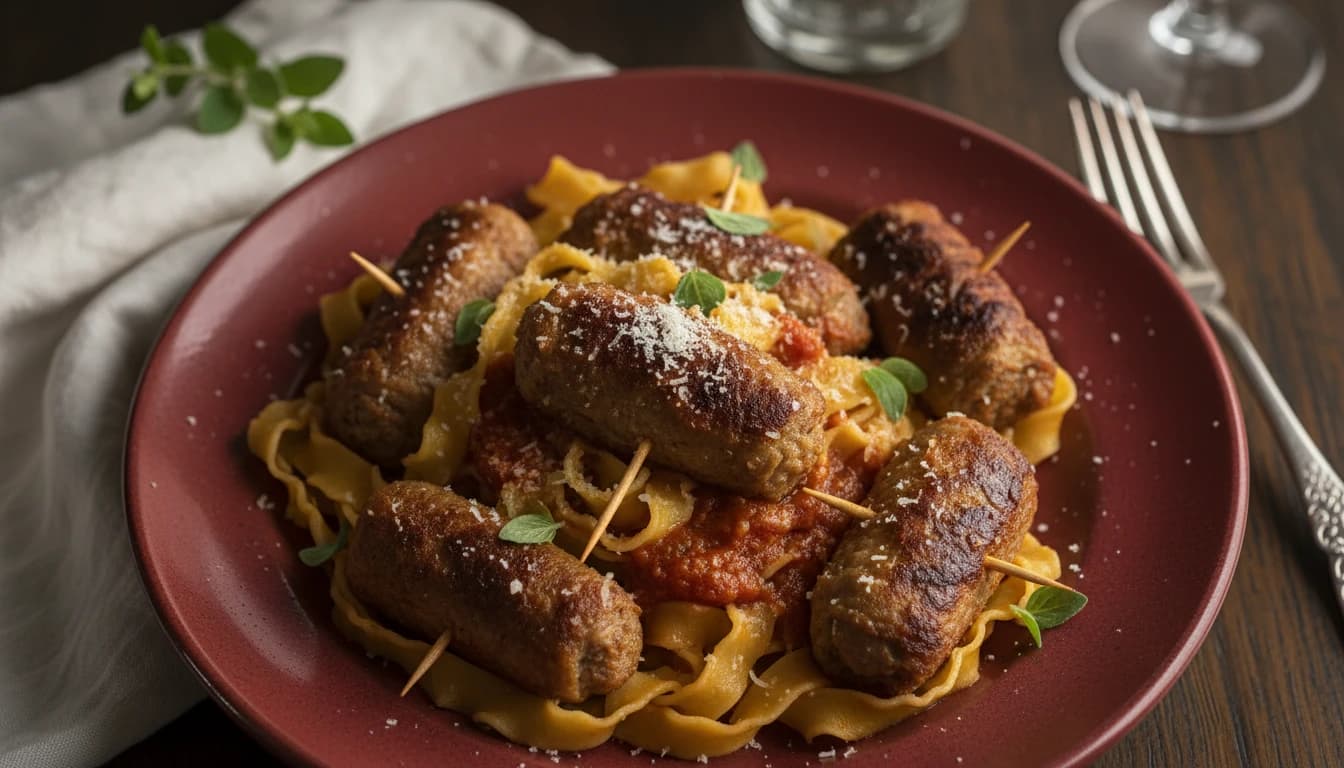 Italienische Involtini in würziger Tomatensauce mit Pappardelle