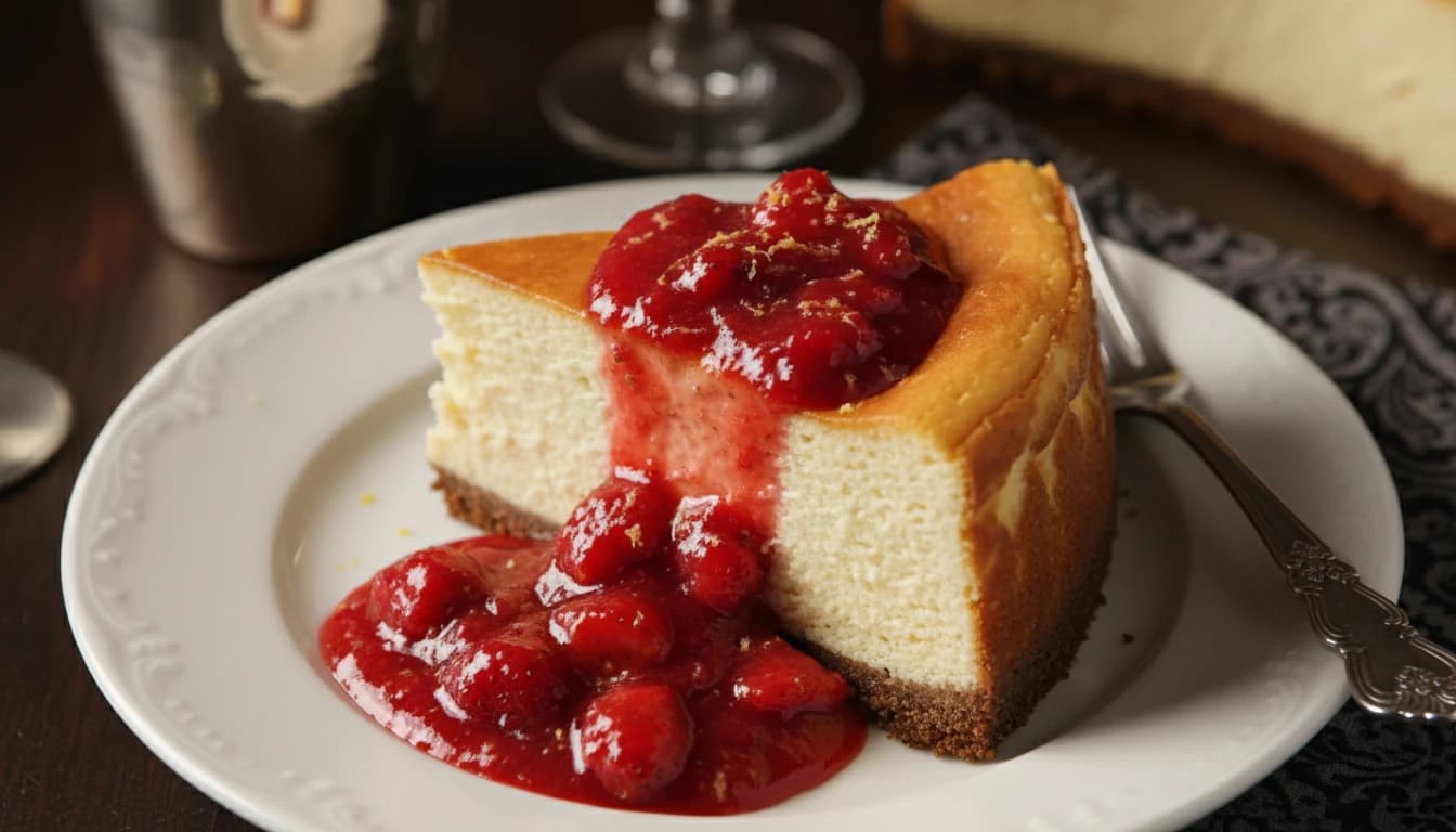 Cremiger New-York-Cheesecake mit roter Erdbeersauce