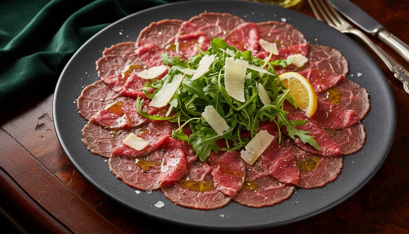 Elegantes Rindercarpaccio mit Trüffelöl, Rucola und Parmesanhobeln