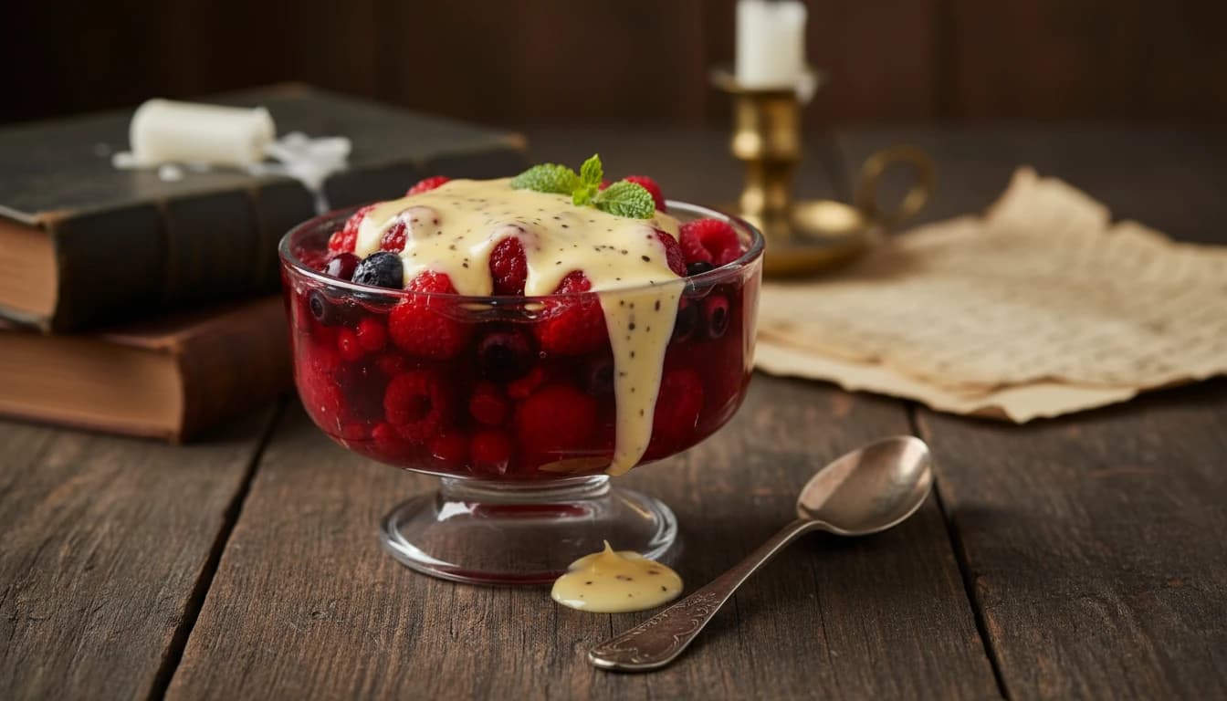 Rote Grütze mit cremiger Vanillesauce in einer Dessertschale