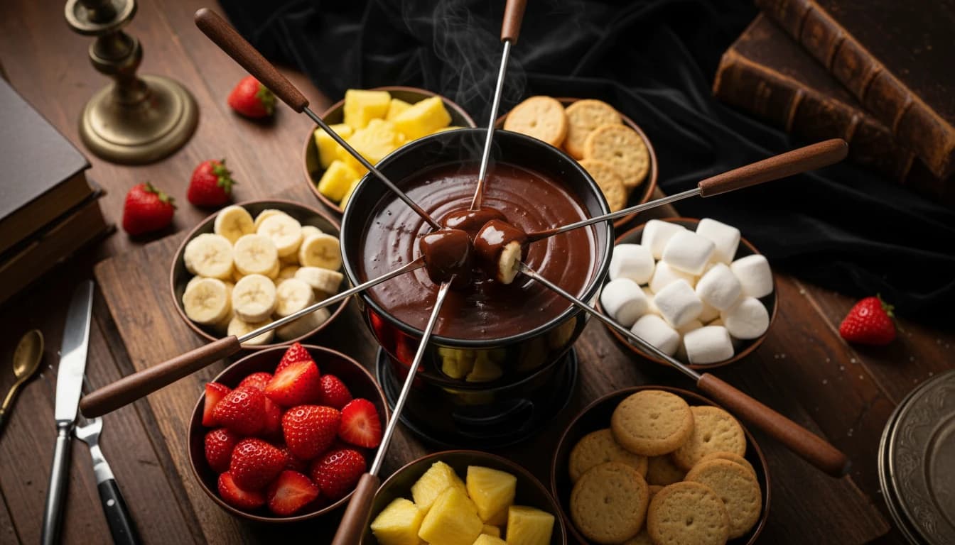 Schokoladenfondue mit frischen Früchten und Marshmallows zum Dippen