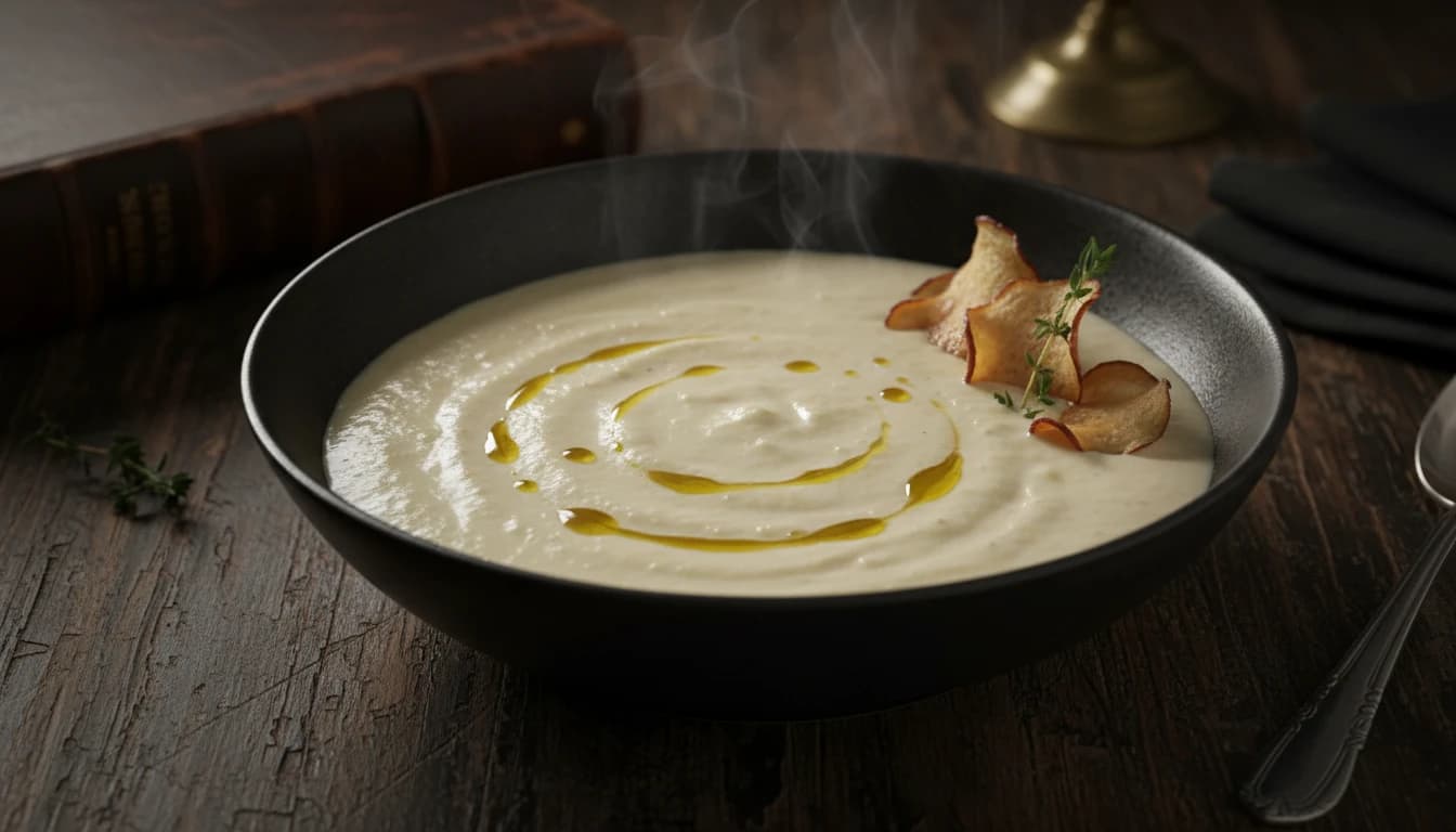 Cremige Topinambur-Suppe mit Trüffelöl in eleganter Schale