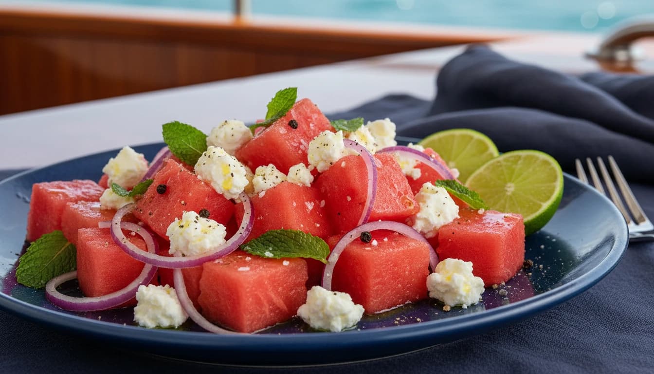 Erfrischender Wassermelonen-Feta-Salat mit Minze und roten Zwiebeln