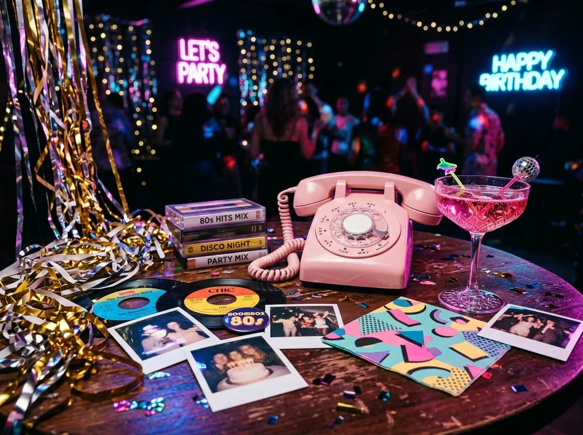 80er-Disco-Setting mit Neon-Beleuchtung, Kassettendeck, Vintage-Polaroids und pinkem Cocktail — Geburtstags-Revival mit Walkman-Charme