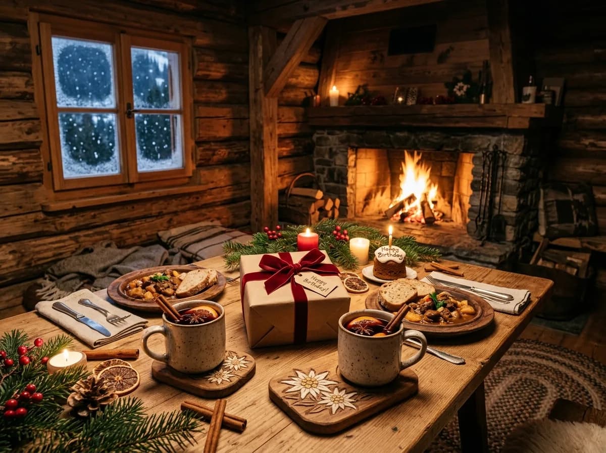 Almhütten-Tisch mit Glühwein in Keramikbechern, geschnitztem Edelweiß-Untersetzer und verpacktem Geschenk — gemütliches Setting zum 40. Geburtstag