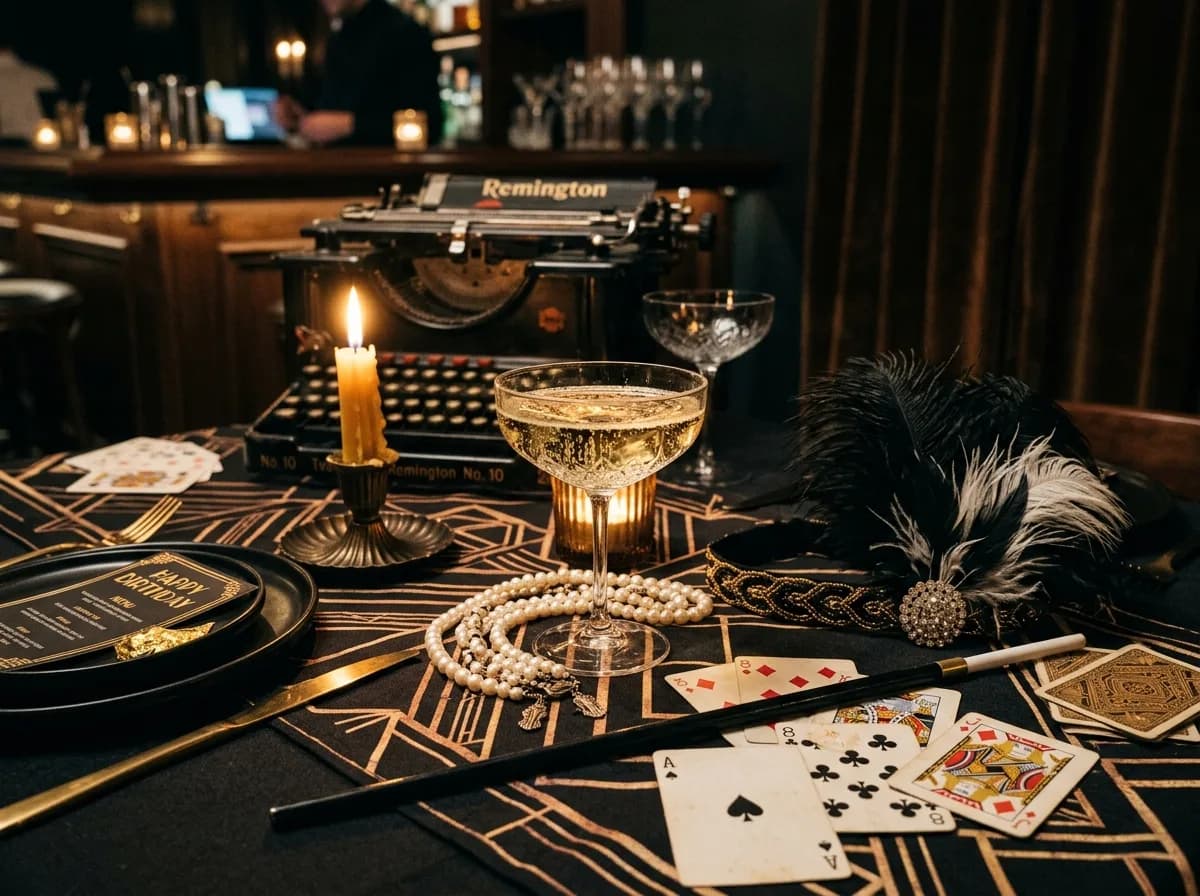 Art-Deco-Tisch im Gatsby-Stil mit goldenem Champagnerglas, Perlenkette und Federboa zum 30. Geburtstag