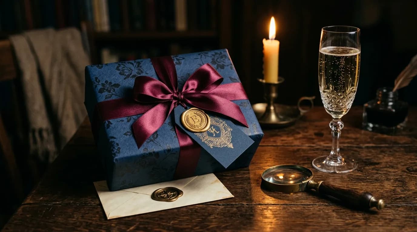 Cena misteriosa como regalo: caja de regalo elegante con lazo dorado y sello de cera sobre mesa oscura, junto a una copa de champán — sugerencia de un misterioso regalo de cumpleaños