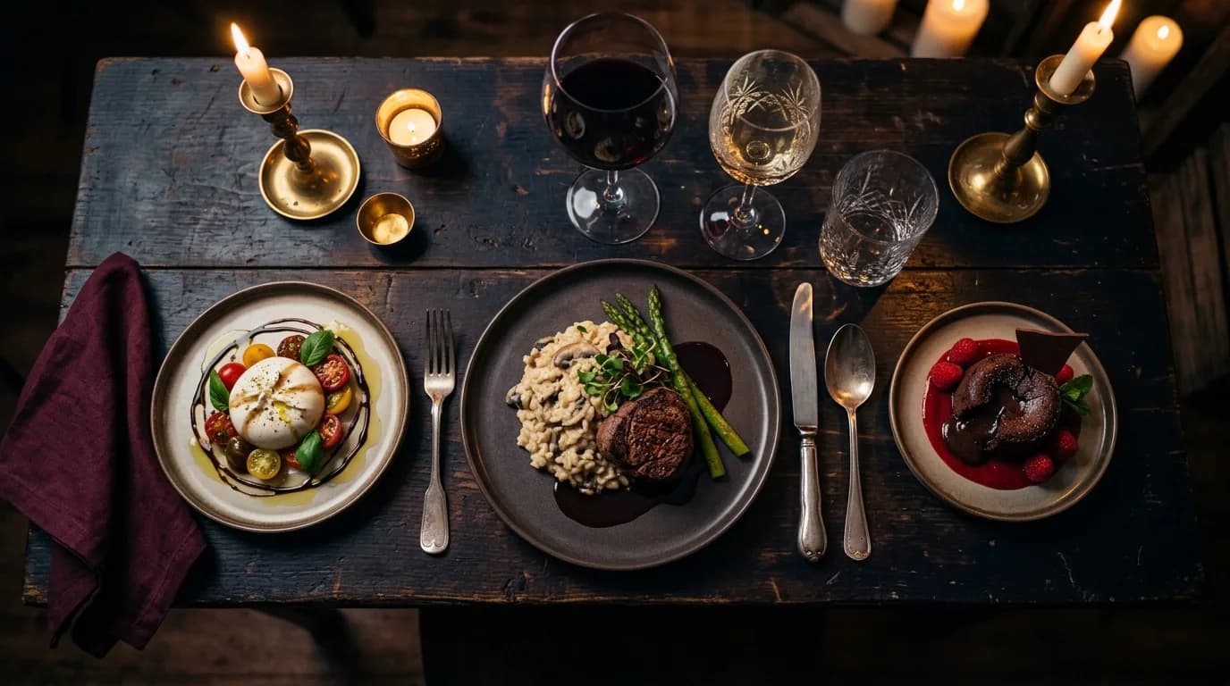 Menú de tres platos para una cena misteriosa de cumpleaños: entrante con burrata, plato principal con solomillo y risotto, postre de chocolate con frutos rojos en una composición elegante de mesa