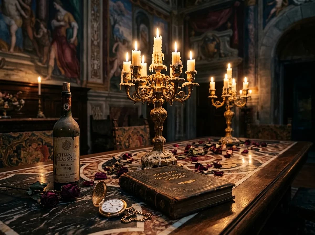 Italienischer Palazzo-Tisch mit goldenem Kerzenleuchter, ledernem Familienalbum und antiker Taschenuhr zum 50. Geburtstag