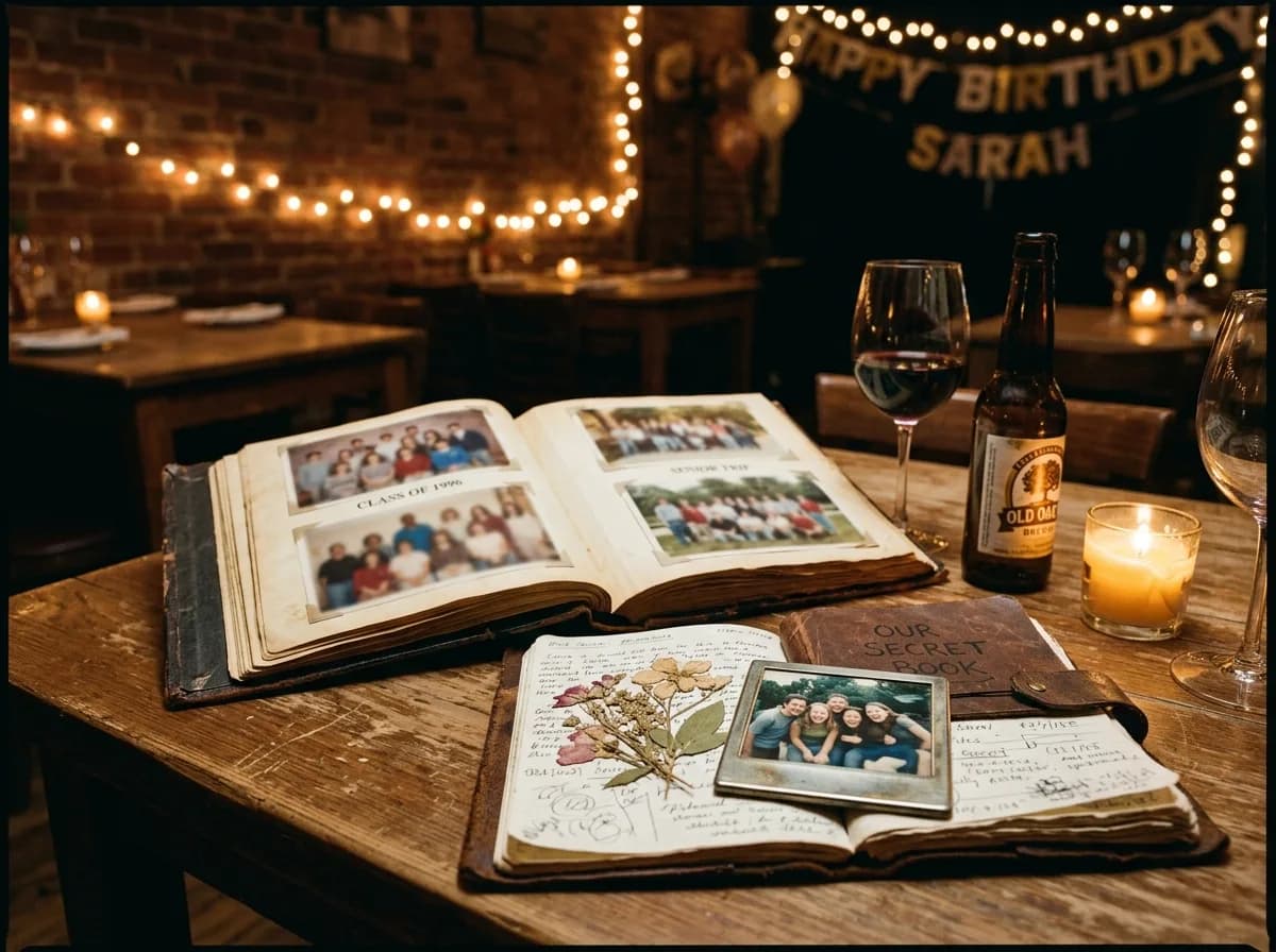 Reunion-Setting mit altem Fotoalbum, Polaroids aus Studienzeiten und Lichterketten — Krimidinner für die alte Clique