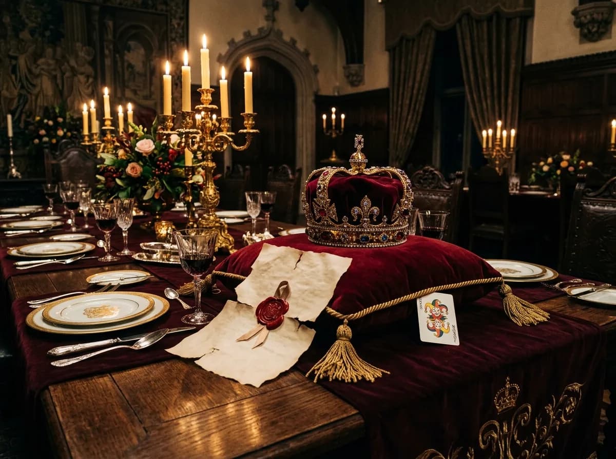 Royal-Gala-Setting mit goldener Krone auf Samtkissen, Schriftrolle mit Wachssiegel und ornamentalem Silberbesteck — augenzwinkernd-königliches 70er-Setting