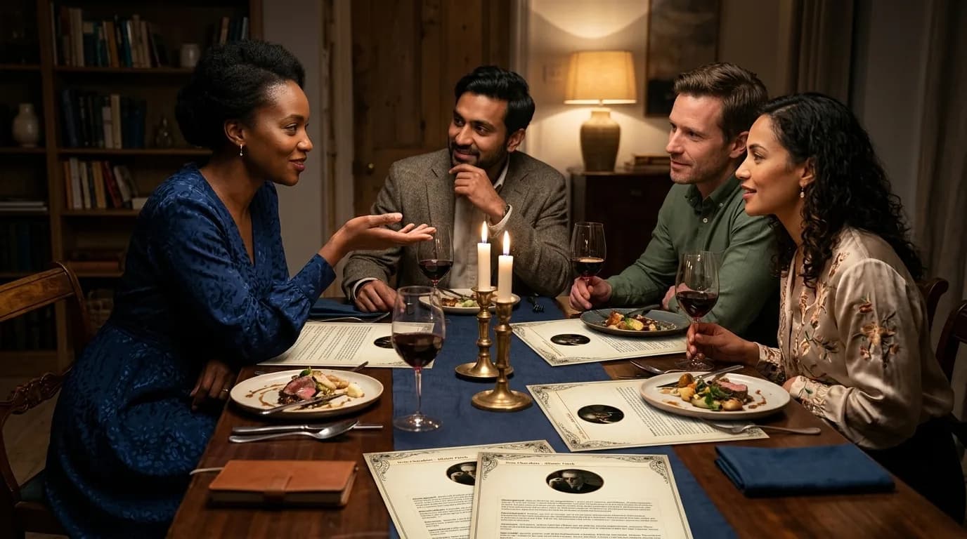 Momento de interrogatorio en la mesa de cena misteriosa — frente a los jugadores hay fichas de personaje impresas de Crime & Dine .io con borde ornamental y retrato de personaje, una jugadora gesticula con actitud inquisitiva