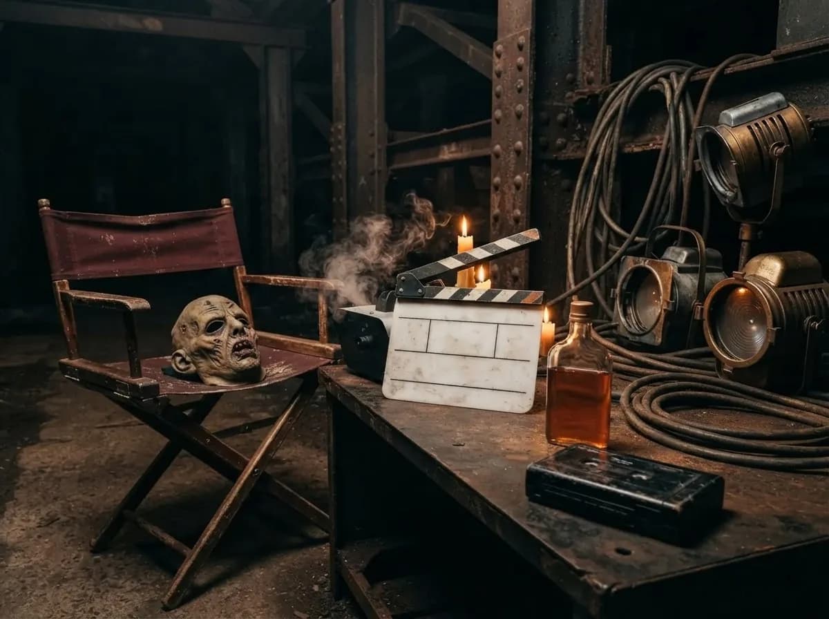 Filmset der 80er-Jahre in einer alten Zechenhalle mit Filmklappe, Nebelmaschine, Zombie-Maske auf einem Regiestuhl und Scheinwerfern