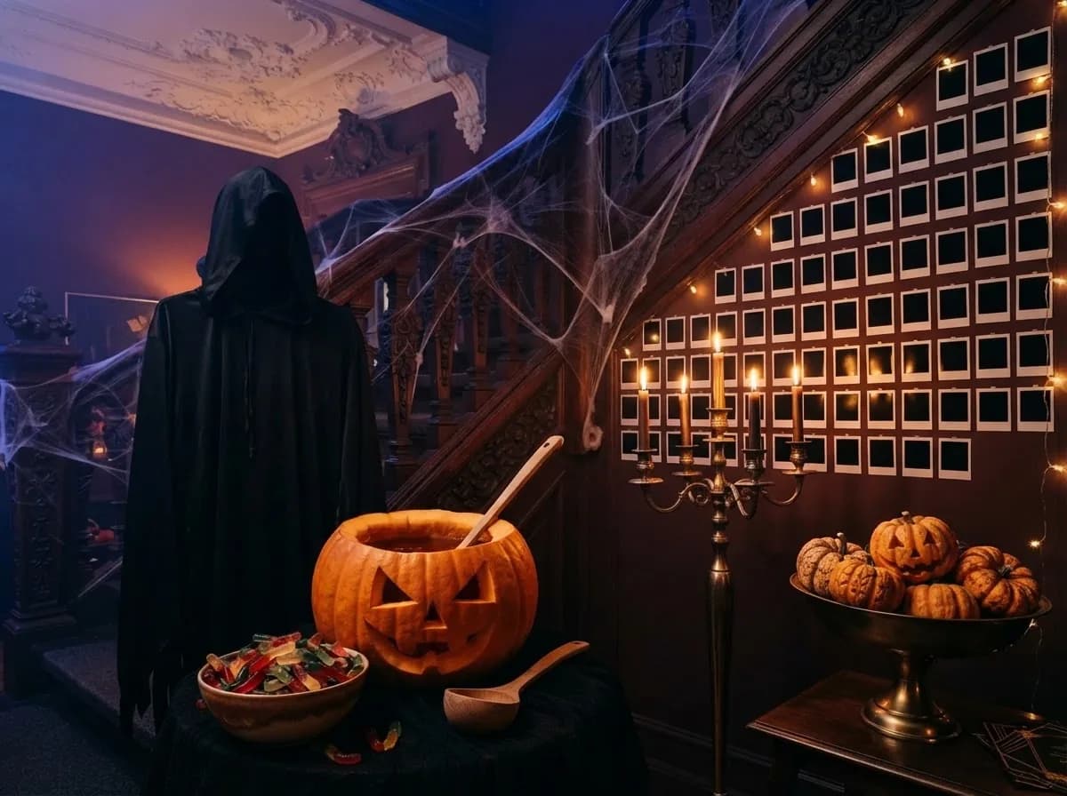 Halloween-Party in einer Altbauwohnung mit geschnitzten Kürbissen, Kürbisbowle, Kunstnebel und Sensenmann-Kutte am Treppengeländer