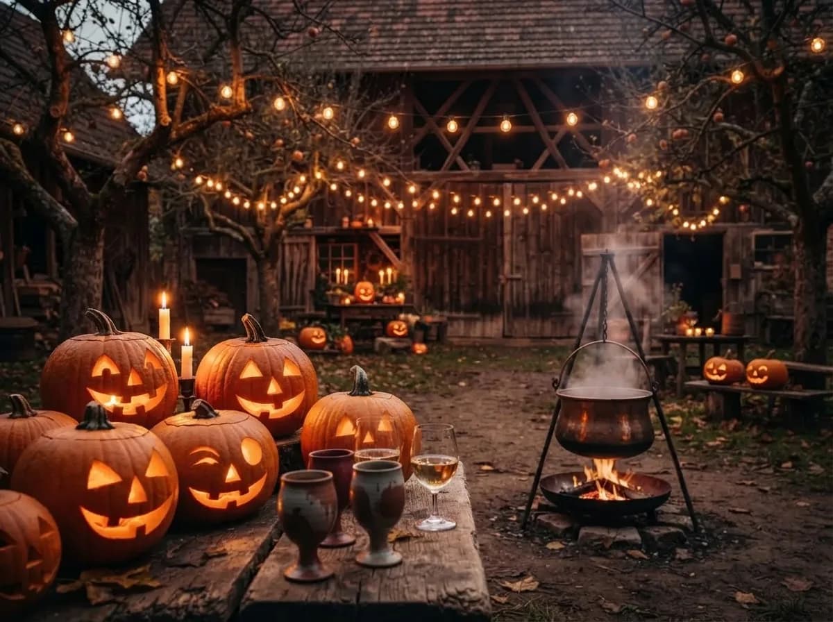 Herbstlicher Bauernhof am Abend mit geschnitzten Kürbissen auf Strohballen, Lichterketten in Obstbäumen und dampfendem Suppenkessel