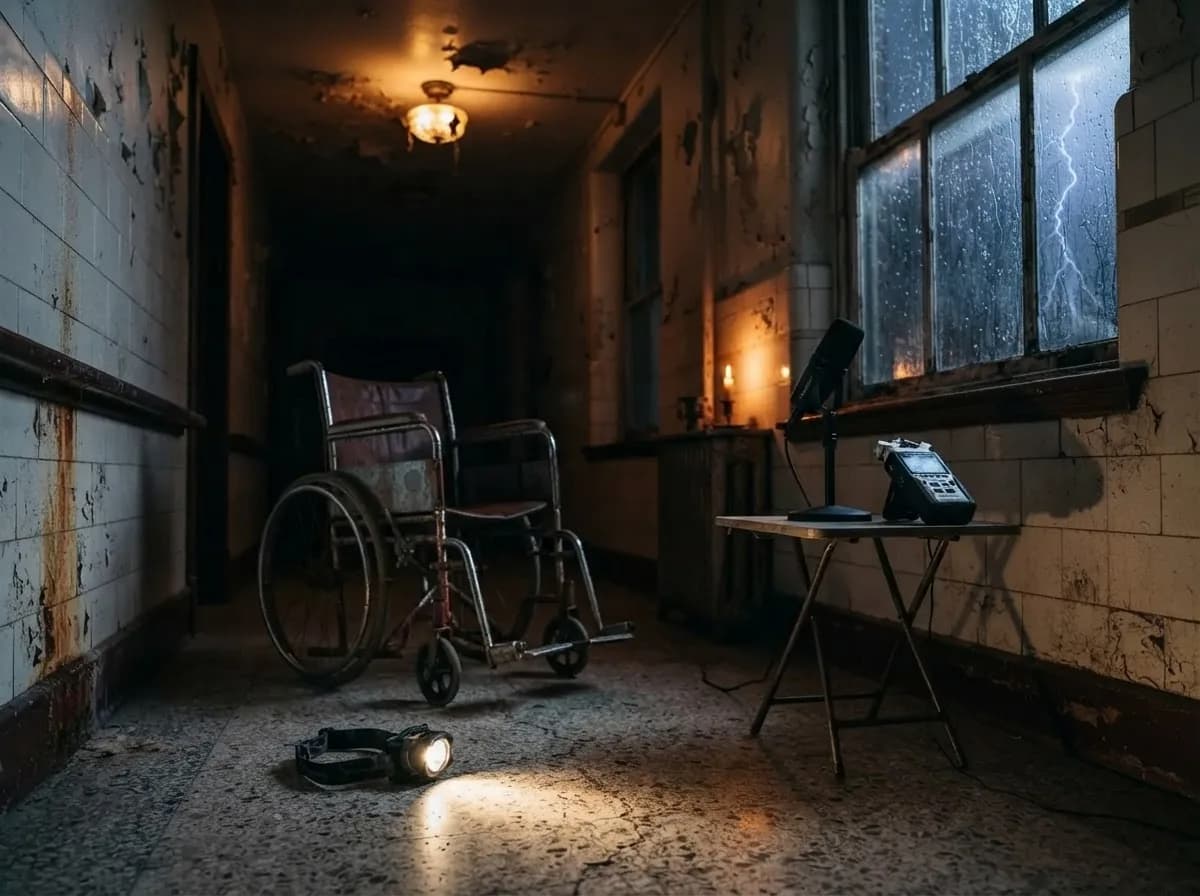 Verlassener Sanatoriumsflur mit abblätternden Kacheln, liegender Stirnlampe und Podcast-Mikrofon in einer Sturmnacht