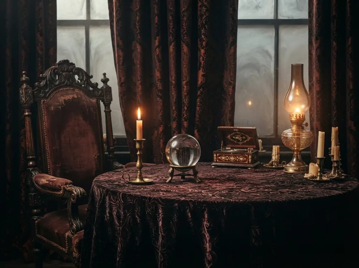 Séance-Tisch mit Kerzen, Kristallkugel und Spieluhr in einem viktorianischen Londoner Salon, Nebel vor dem Fenster