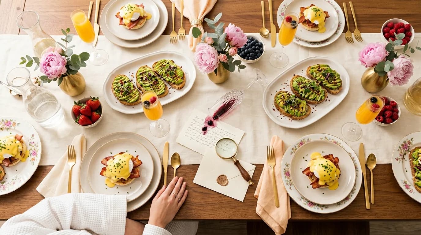 Krimi-Brunch zum JGA: Eggs Benedict, Bellini, Erdbeeren, ein umgekippter Sektkelch und ein mysteriöses Kartenkärtchen auf einer festlich gedeckten Tafel