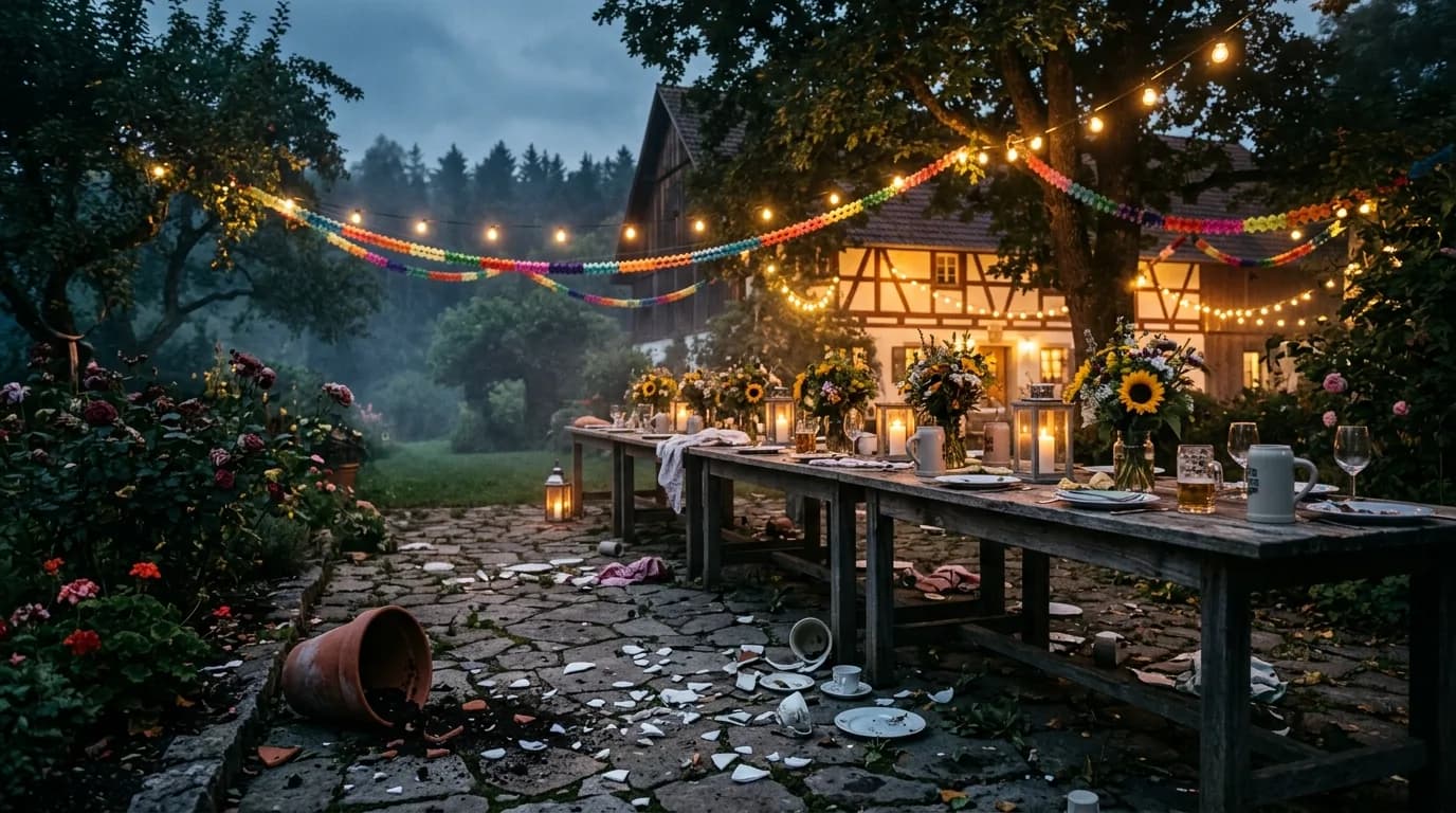 Polterabend-Krimidinner im Landgarten: rustikale Tafel, Scherben auf dem Boden, umgekippter Blumentopf und Kerzenlicht bei einem Hochzeits-Polterabend