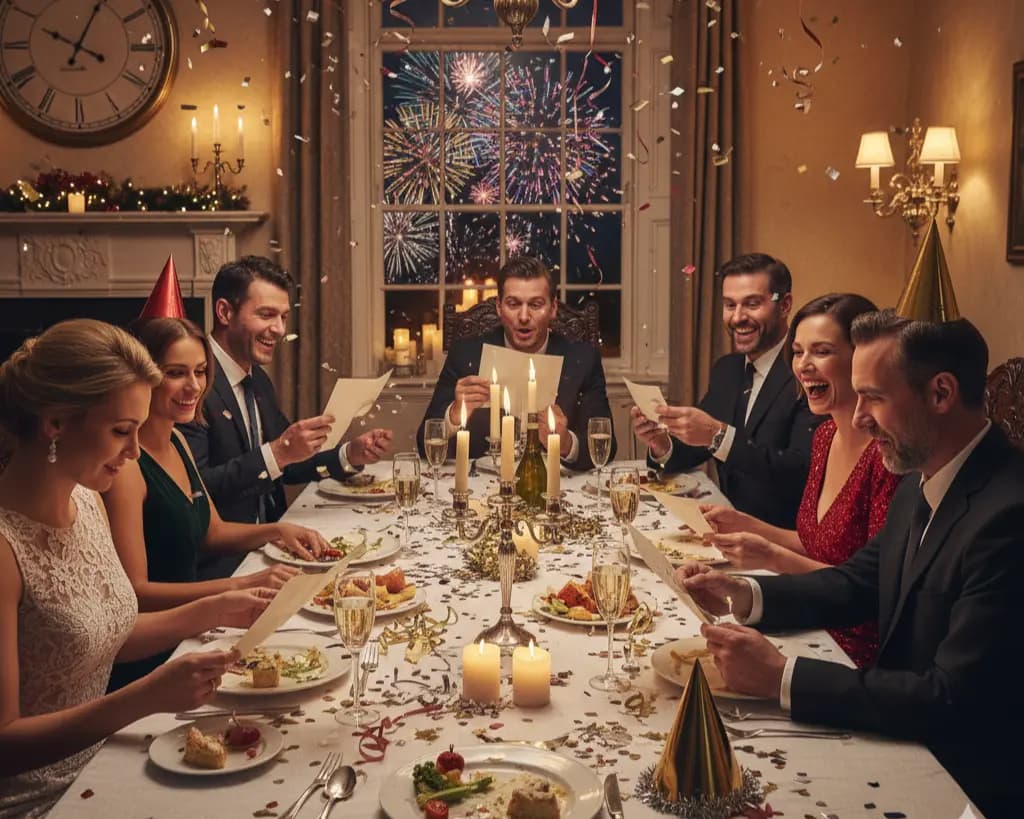 Krimidinner zu Silvester - Freunde spielen Murder Mystery Dinner bei glamouröser Silvesterparty mit Champagner, Glitzer und festlicher Dekoration