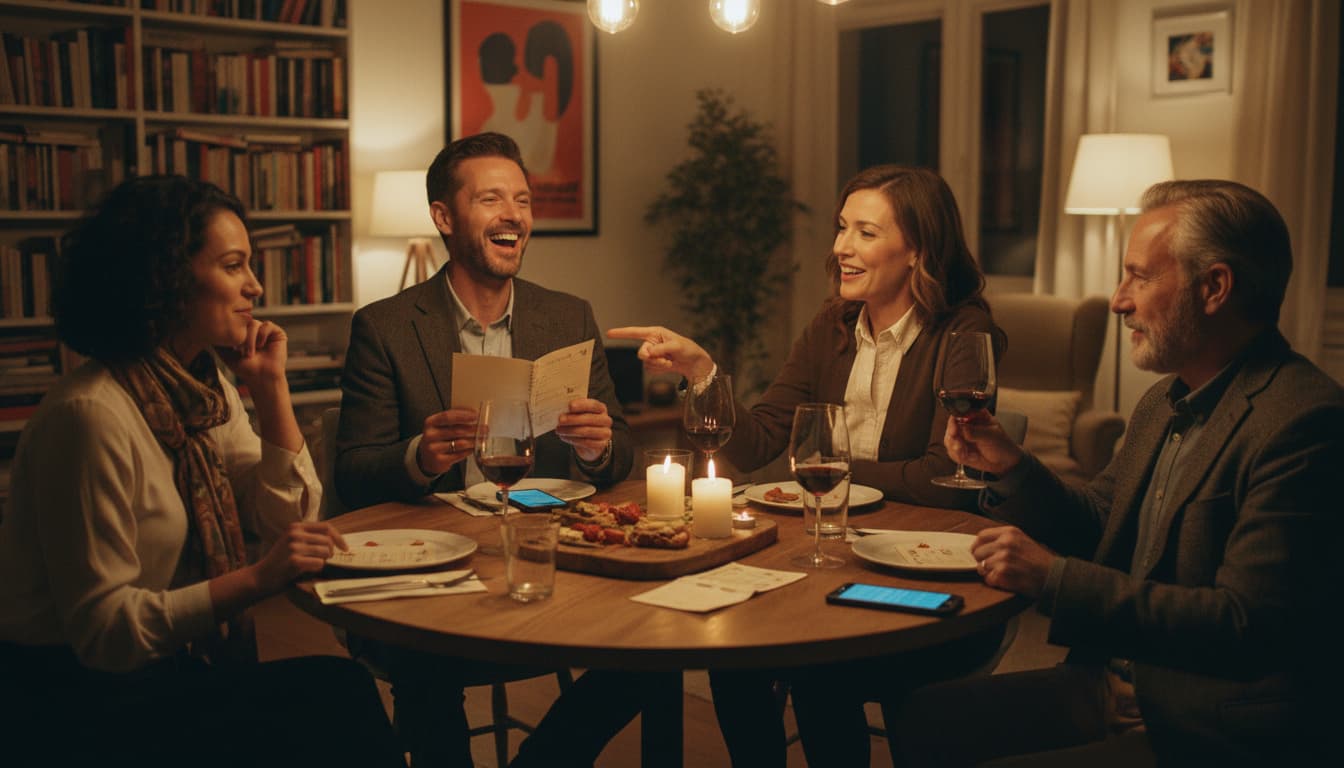 Vier Gäste an einem intimen Dinner-Tisch bei Kerzenlicht, Kamin im Hintergrund, dunkle Holzvertäfelung