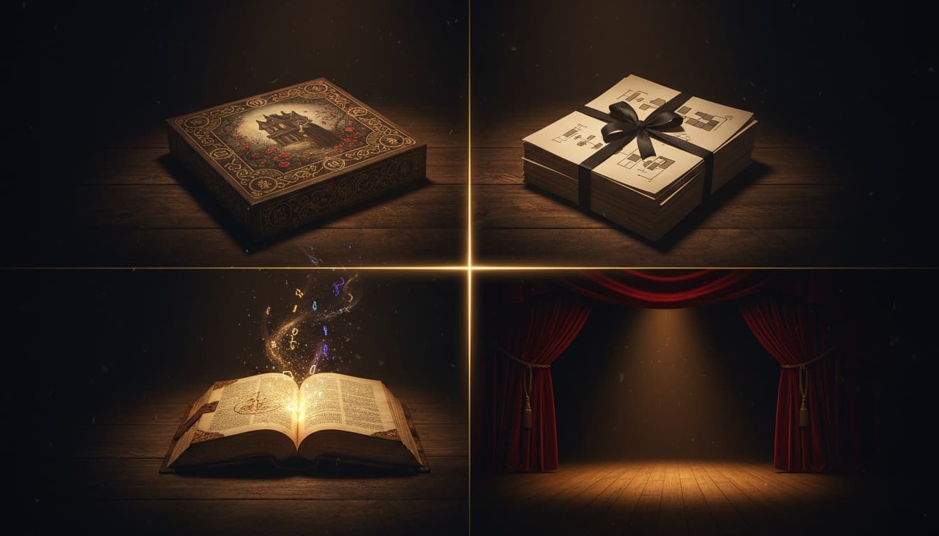 Die vier Formate: Box-Spiel, PDF-Download, KI-generiert, Live-Event